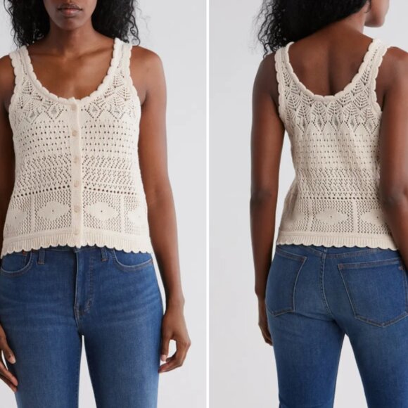 Design History Tops - DESIGN HISTORY Open Knit Button Up Tank Top Womens Sz XL Off White